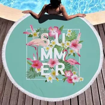 WHQ 150*150cm Flamingos Flowers Print Round Beach Towel Microfiber SHOWER BATH TOWELS Summer Swimming Shawl Yoga Mat Tassel Round 150x150cm