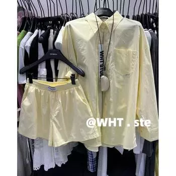 Wht2025 Summer European Goods Fashion Pocket Long Sleeve Shirt Cardigan Outwear + Letter Labeling Shorts Sun-Proof Two-Piece Suit Light yellow One size