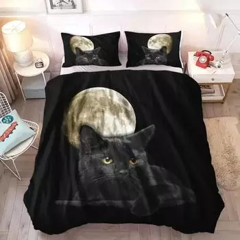 Wiccan Occult Black Cat Duvet Cover Set,Gothic Black Cat Bedding Sets Mysterious Sun and Moon Comforter Cover Queen Size 135X200cm-2pcs