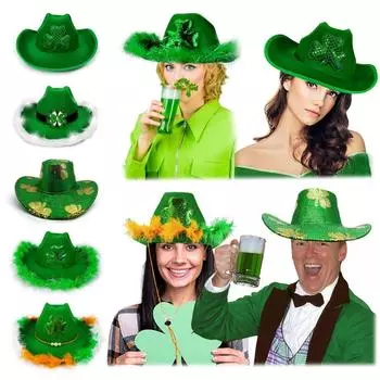 Wide Brim Saint Patrick s Day Hat Cowboy Hat Green Velvet Top Hat Irish Leprechaun Cosplay Costume Style E