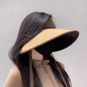 Wide Brim Straw Cap Detachable Shawl Empty Top Sun Hat Fashion Sunshade Hat Summer чёрный