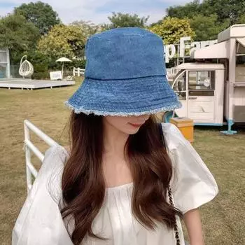 Wide Brim Washed Denim Bucket Hat Sun Protection Summer Sun Hat Denim Fisherman Hat Ladies темно-синий