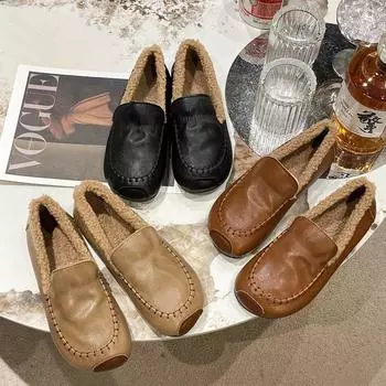 Wide fat feet one pedal fleece thickened snow boots women s waterproof leather surface pregnant women thickened non-slip warm Doudou cotton shoes 35 коричневый