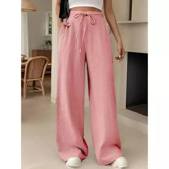Wide Leg Floor Length Pants Women Drawstring Pant Loose Y2k Streetwear Capris Pockets Casual Sports Summer High Waist Basics S розовый