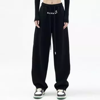 Wide-Leg Pants Autumn New Street Dance Plus Size Ladies Casual Drawstring Black XXXL [85.00 kg-100.00 kg]]