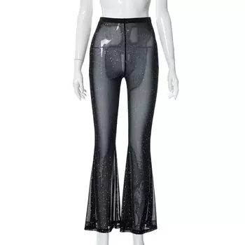Wide Leg Pants European and American Women s Clothing 2023 Summer New Sexy Mesh High Waist Hip Lifting Bell-Bottom Pants Slim Looking Wide Black M
