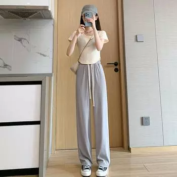 Wide Leg Pants For Women In Summer, Thin, High Waist, White, New Style, Ice Silk Drawstring Loose Straight Casual Pants S серый