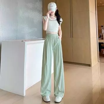 Wide-leg Pants Summer Thin Loose Straight Cool Casual Pants Curved Knife PantsLong Pants S чёрный