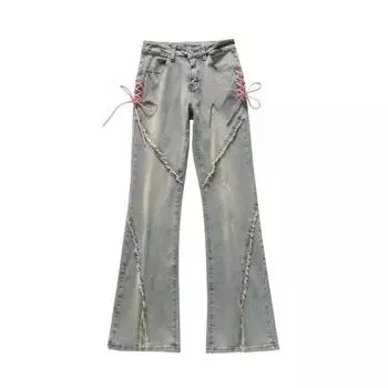 Wide Leg Y2k Bow Denim Jeans Lace Tied-up High Waist Pants Women Bell-bottom Trousers Party M