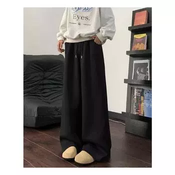 Wide-legged Sweatpants Men s Spring and Autumn Heavy Sports Pants Men s Casual Trousers Loose Straight Pants M чёрный