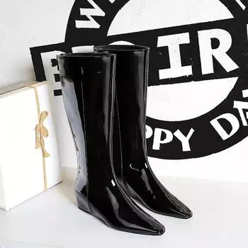 Wide women s boots rear zipper small square head middle heel wedge inner height increase glossy patent leather high boots 34