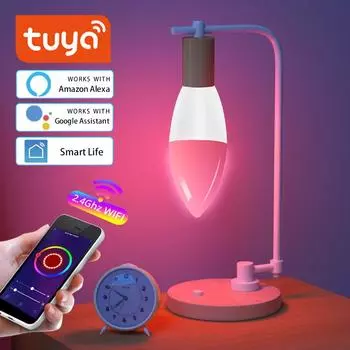 WiFi 220-240V E14 RGB+CW+WW Smart Pointed Light Bulb Tuya Smart Life APP Voice Control Compatible Alexa Google Dimmable Bulb