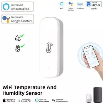 WiFi интеллектуальный датчик температуры и влажности, работающий от батареи, мониторинг, приложение, безопасность умного дома, работа с Alexa Google Home белый