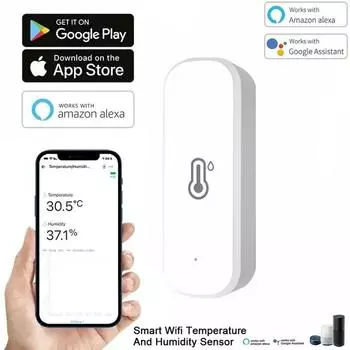WiFi интеллектуальный датчик температуры и влажности, работающий от батареи, мониторинг, приложение, безопасность умного дома, работа с Alexa Google Home белый