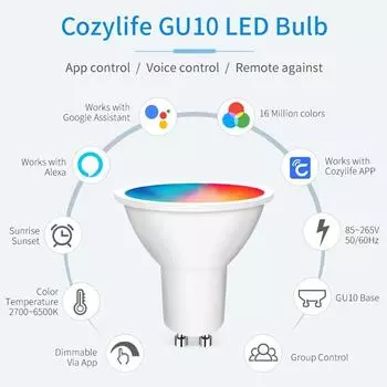 WiFi Smart Bulb Dimmable LED Light Bulb 16 миллионов цветов Cozylife RGB Светодиодная лампа GU10 Голосовое управление Alexa Google Home