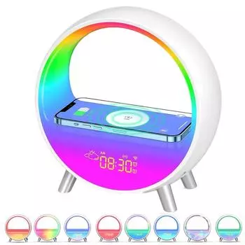 WIFI Smart Wake Up Light с беспроводной зарядкой 15 Вт, будильник с восходом солнца, белый шум, настольная лампа для сна, RGB, работа с Alexa белый
