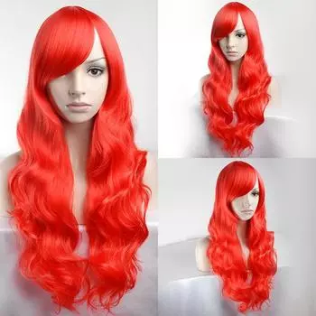 Парик 75 см парик большой красный косая челка длинные вьющиеся волосы парик на Хэллоуин женский длинный головной убор красный