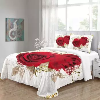 Белый свадебный розовый красный цветок золотой лист королева двойной полный комплект постельного белья односпальная двуспальная кровать пододеяльник комплект и 2 шт наволочка 135x200 cm
