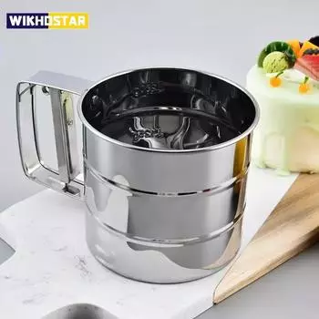 WIKHOSTAR 1 шт., сито для муки из нержавеющей стали для разрыхлителя, сахарница с ручным прессом, дизайн, мелкоячеистое сито для муки