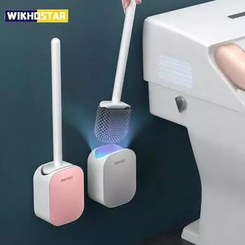 WIKHOSTAR Щетка для унитаза Силиконовая длинная ручка Щетка для чистки унитаза Настенное крепление Быстрый слив Чистый инструмент Аксессуары для ванной комнаты серый