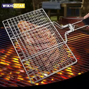 WIKHOSTAR складная сетка для барбекю с антипригарным покрытием из нержавеющей стали, сетчатый коврик для гриля для мяса, овощей, стейков, пикника, вечеринки белый