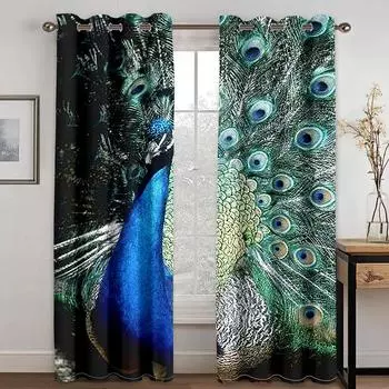 Wild Animal Peacock Window Curtains, Beautiful Tail Feathers, 3D Digital Printing, Bedroom, Living Room, 2 Panels 100W160H(CM)40x63in&Hook