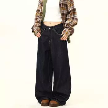 Wild Azi American Retro Fancy Loose Wide Leg Machete Denim Men and Women All-Matching Straight-leg Mop Pants Black S