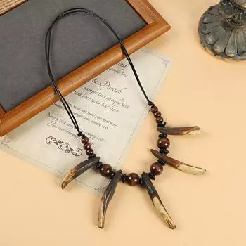 Wild Boar Tooth Necklace Men s and Women s Retro Personality Natural Wood Bead Tooth Pendant Long Pendant Tibetan Accessories