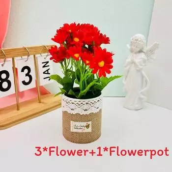 Wild Chrysanthemum Flower Pot Simulated Green Plant Potted Plant For Home Office Bright Red