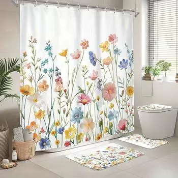 Wild Flower Shower Curtain 4 Pcs Wild Flower & Shower Curtain Set - Polyester Fabric Shower Curtain, Watercolor Embroid 90x180cm curtain