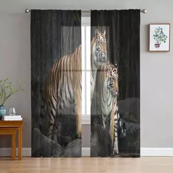 Wildlife Two Tigers Forest Chiffon Sheer Curtains for Living Room Bedroom Home Decoration Window Voile Tulle Curtain Drapes W135 x H114cm