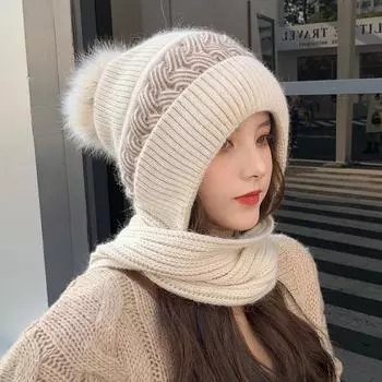 Wind and snow scarf integrated wool knitted women s scarf fashion autumn and winter hat earmuffs warm and windproof earmuffs one size fits all
