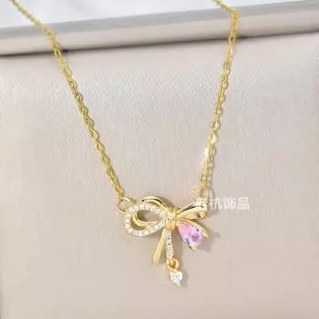 Wind Design Bow Necklace Women S Light Luxury Versatile Micro-Inlaid Zircon Pendant With The Same Collarbone Chain