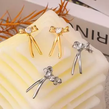 Wind Fashion Personality Temperament Bow Earrings Korean Version Elegant Titanium Steel Plated 18k Gold Zircon Earrings Women
