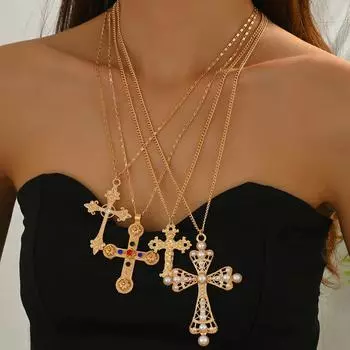 Wind jewelry Geometric cross inlaid with pearl gemstone design necklace set Versatile long item jewelry
