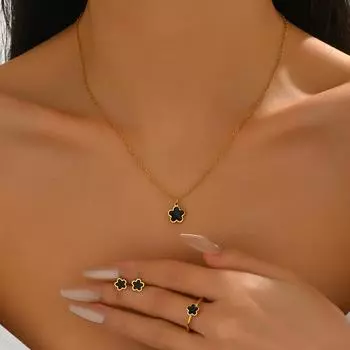 Wind jewelry geometric five-leaf clover floral ring design long necklace high-end earrings jewelry women