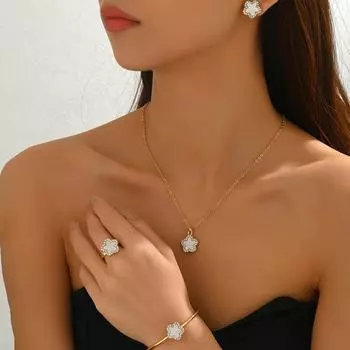 Wind Ladies Jewelry Set Geometric Floral Design Necklace Versatile Premium Earrings Ring Women