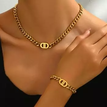 Wind Ladies Light Luxury Cuban Necklace Bracelet Set Niche Geometric Hip Hop Design Long Clavicle Chain Bracelet