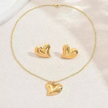 Wind Ladies Necklace Earrings Set, Geometric Heart Design Premium Pendant Chain Versatile Earrings