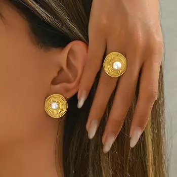 Wind Ladies Ring Earrings Set Personalized Round Ring Design Pearl Stud Earrings Open Ring Women