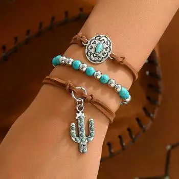 Wind lady bracelet set personalized inlaid turquoise design cactus bracelet versatile jewelry