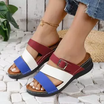 Wind large size color matching 2025 summer new round head thick bottom fashion one-word women s thick bottom slippers 36 чёрный