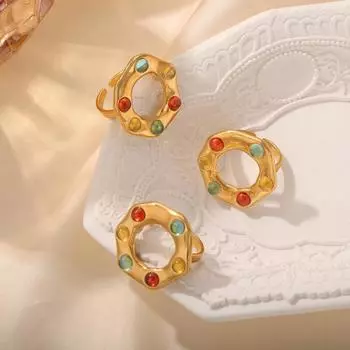 Wind Light Luxury Titanium Steel Gold Plated Inkstone Irregular Open Non-Regular Ring Jewelry Women No. 7