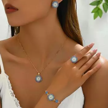 Wind Necklace Jewelry Set Geometric Round Diamond Set Design Rice Bead Bracelet Open Ring Women s Versatile