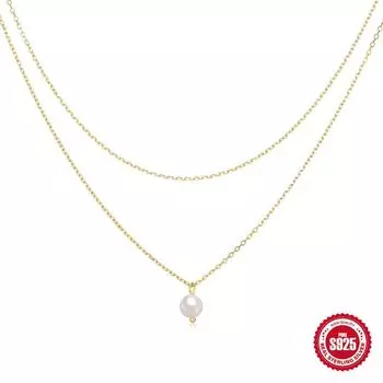Wind S925 Sterling Silver Daily Temperament Generous Matching Double Layer Stacked Basic Chain Pearl Women S Necklace 925 Silver золотой