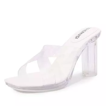 Wind sandals women s summer outer slippers comfortable and simple temperament crystal thick heel cross with transparent high heels 35