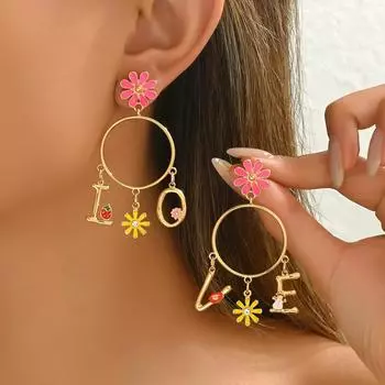 Wind women s earrings niche new English alphabet flower design dripping earrings versatile earrings women