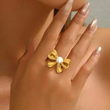 Wind women s ring personalized inlaid pearl design bow ring opening adjustable index finger ring
