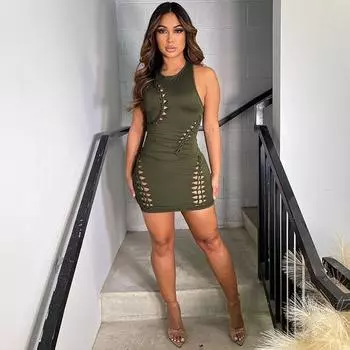 Wind Women s Spring Summer 2025 New Arrivals Fashion Solid Color Cutout Crew Neck Sleeveless Top Slim Skirt Set S абрикосовый