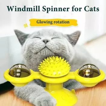 Windmill Cat Toy Interactive Spinner Pet Toys with Catnip And LED Light Cat Face Massage Brush with Suction Cup for Indoor Cats синий